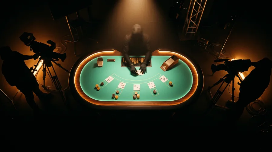 Live dealer studio with blackjack and roulette atmosphere