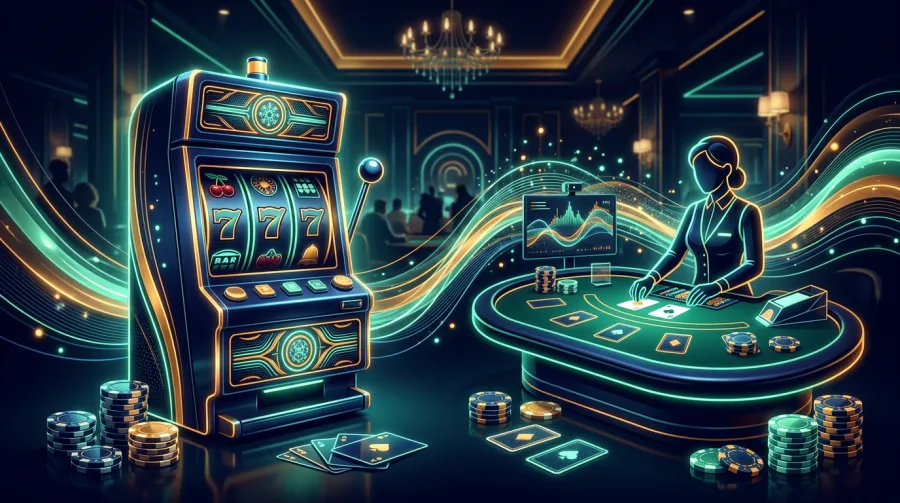 Slots, live dealer tables and casino chips in a neon crypto casino style