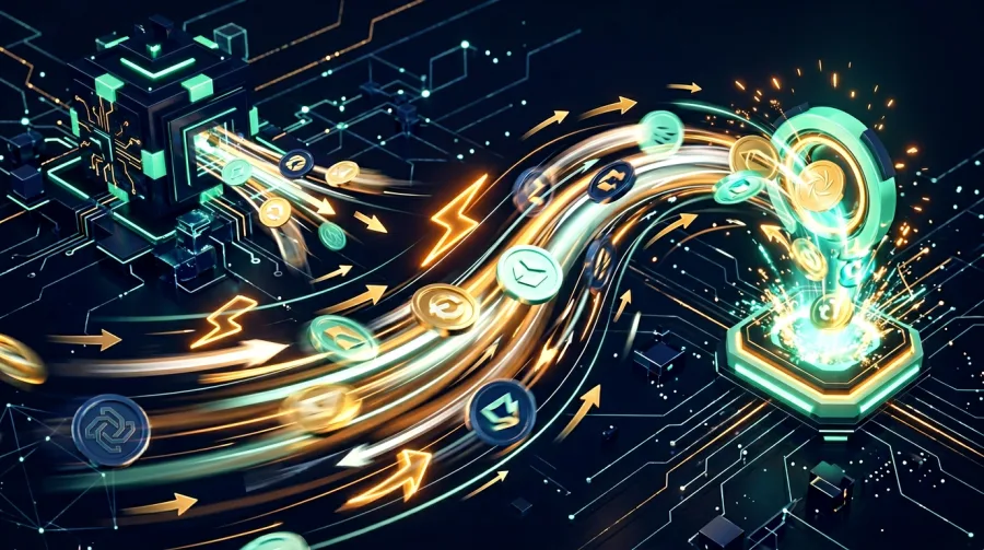 Fast crypto payouts and instant transfers visualised with motion and energy