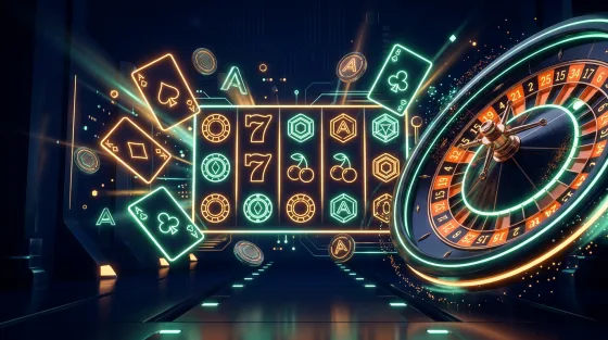 Casino slots, roulette and neon game visuals in a crypto gaming style